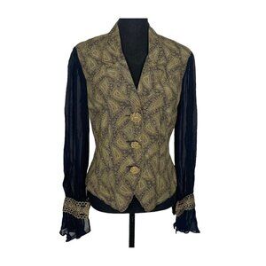 Vtg PLATINIUM DOROTHY SCHOELEN Women Blouse Sheer Sleeves Sz S Black Gold 60-13